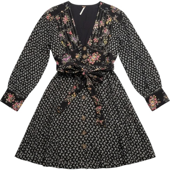 Free People Dresses & Skirts - Free People Wonderland Mixed Floral Button Front Mini Dress Black Long Sleeve XS